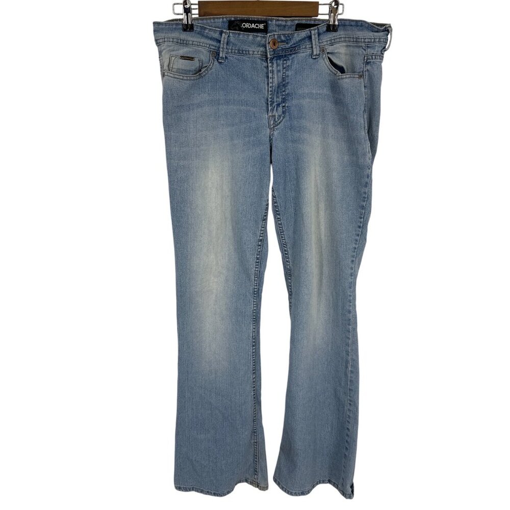 Jordache Light Wash Distressed Denim Jeans Bootcut High Rise Worn Hem Size 12